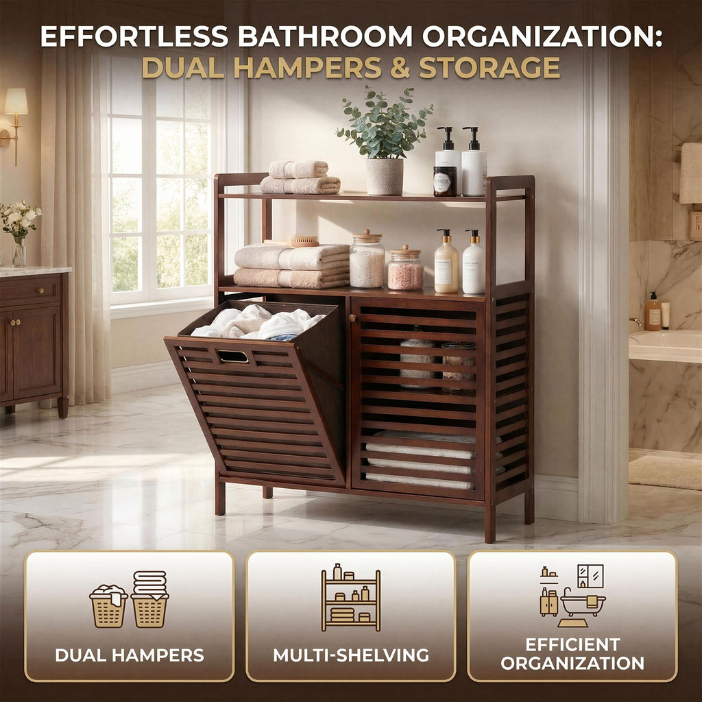 Tilt Out Laundry Hamper, Bamboo Double Laundry Hamper with Shelf