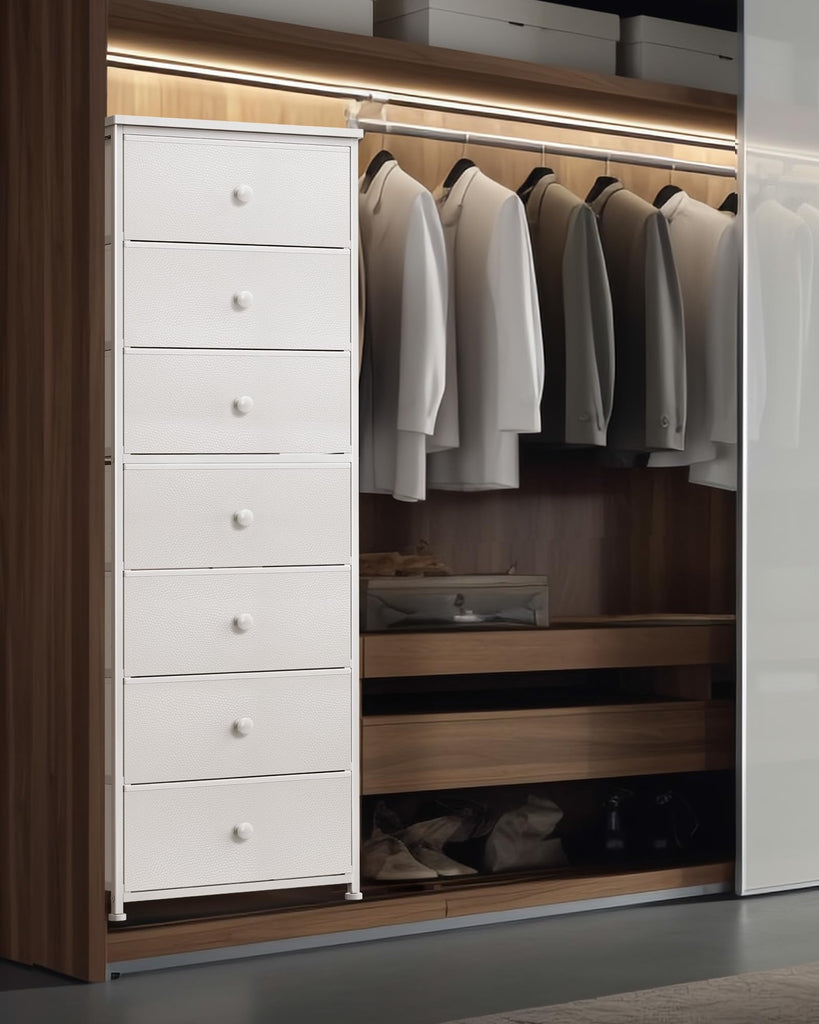Tall Fabric Dresser, Vertical Storage Organizer Tower with 7 Drawers, Chest of Drawers with Bins, Steel Frame, Wood