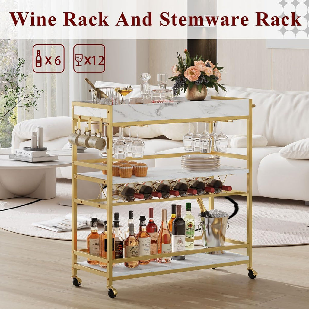 Gold Bar Cart on Wheels with Wine Rack & Glass Holders | 3-Tier, Rolling Serving Cart for liquor, Wine and Beverages