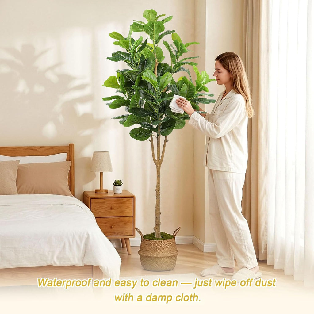6FT Artificial Fiddle Leaf Fig Tree, Large Faux Ficus Lyrata Tree with White Planter, Fake Floor Plants Living Room