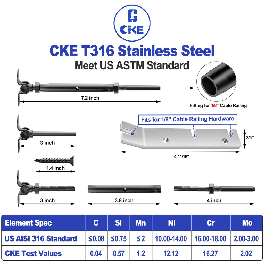 10 Pairs 1/8" Black Cable Railing Hardware Kit Swage Toggle Turnbuckle for Wood Post, T316 Stainless Steel Black Deck