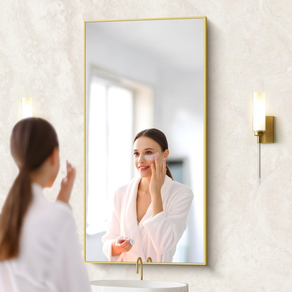 Gold Bathroom Mirror for Wall, Brushed Gold Rectangle Mirrors with Metal Frame, Bathroom Rectangular Mirror