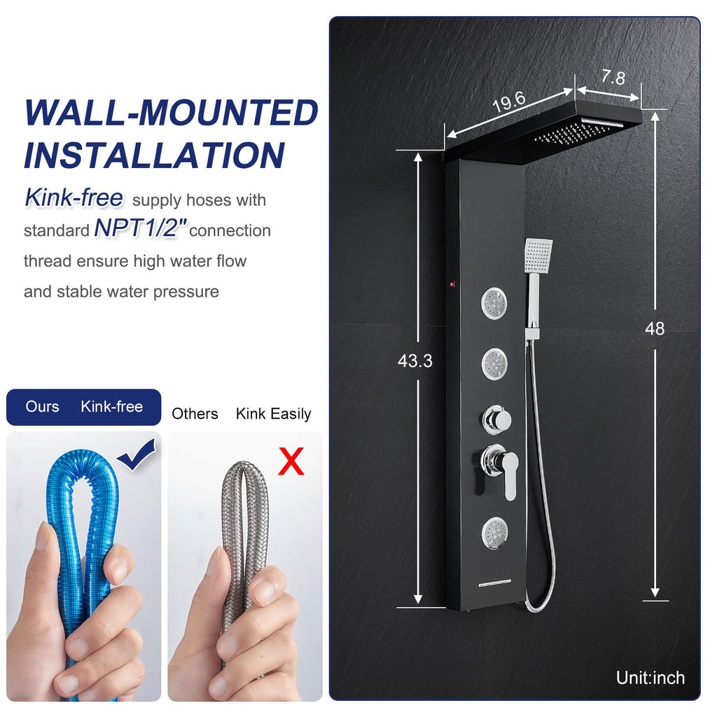 6 in 1 LED Rainfall Waterfall Shower Panel Tower System, Black