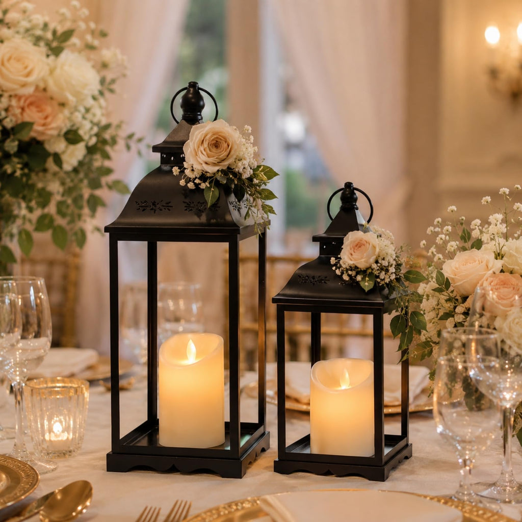 Decorative Metal Lanterns Outdoor Indoor, Set of 2 Black Candle Lanterns