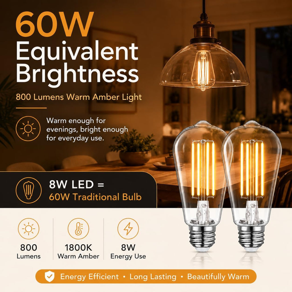 ST58 LED Edison Bulb 1800K Amber Warm Dimmable, circadian Light Bulb,Blue Light Blocking Sleep Light, 8W 60W