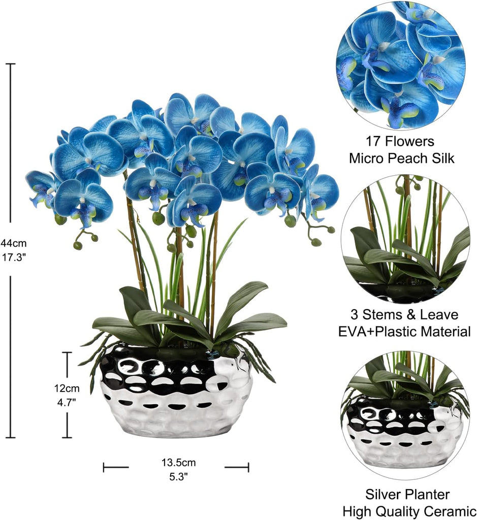 Orchids Artificial Flowers 18" Blue Phalaenopsis Large Orchid with Silver Ceramic Pots Fake Orchid Flower Bathroom