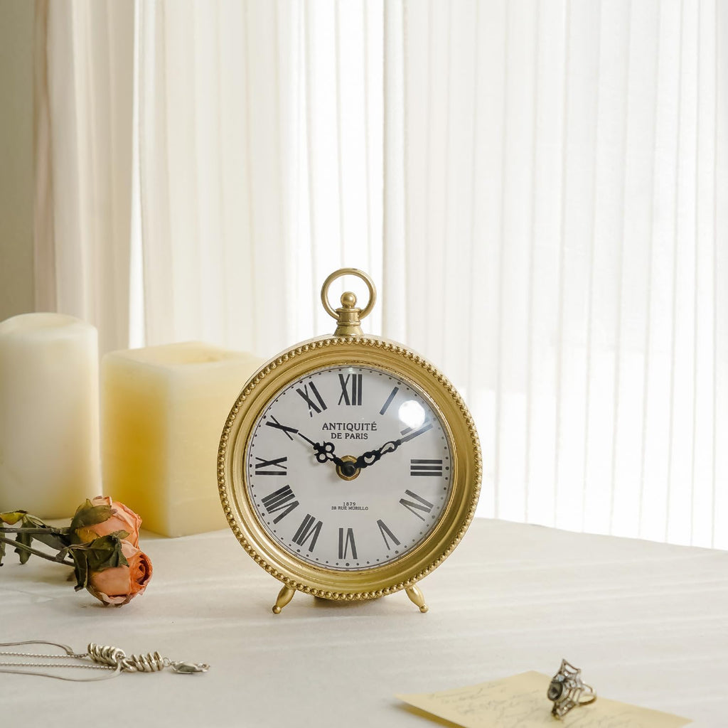 Gold Table Clock, Silent Non-Ticking Shelf Desk Top Clock Battery Operated Classic Design, Decorative Home Decor