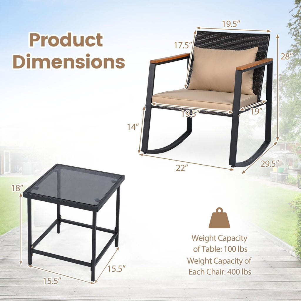 3-Piece Outdoor Rocking Chair Set, Beige Cushion & Natural Armrest