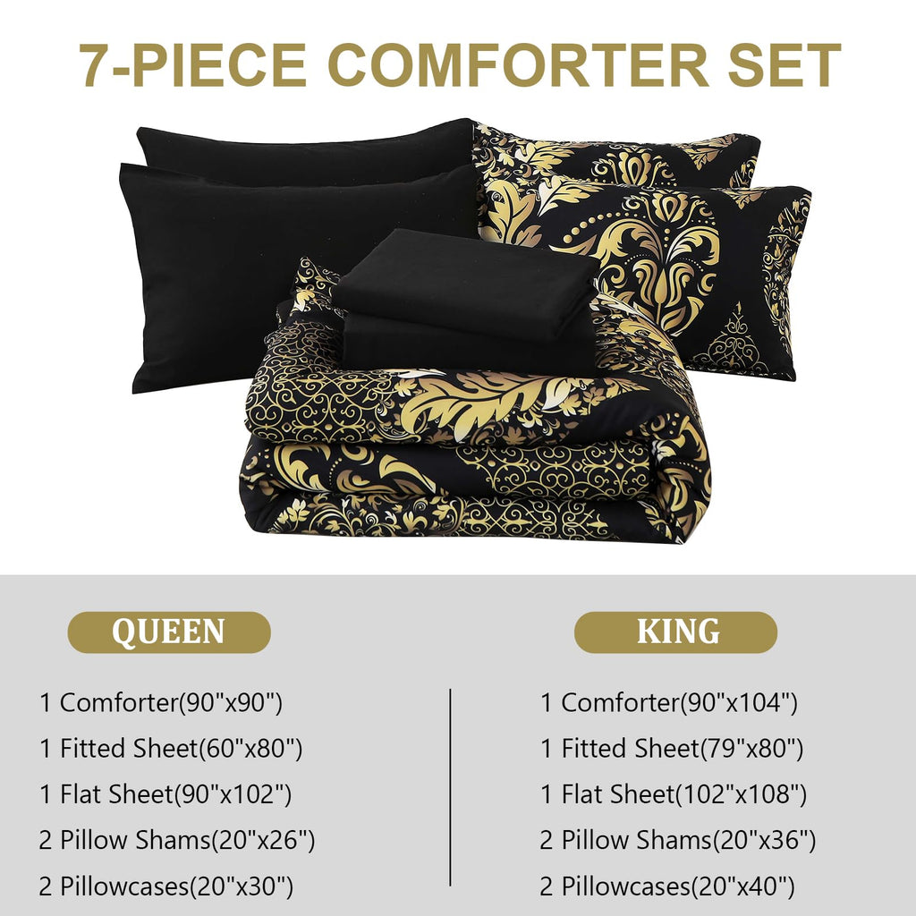 Black Gold Comforter Set Queen Size, 7 Pieces Luxury Bohemian Damask Comforter Set Soft Lightweight Microfiber