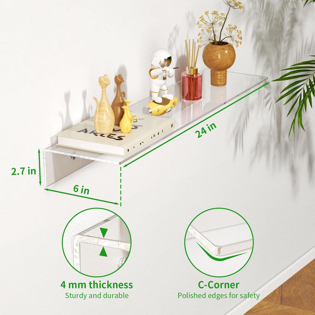 2 PCS 24" Acrylic Floating Shelves, Clear Shelf for Wall Display