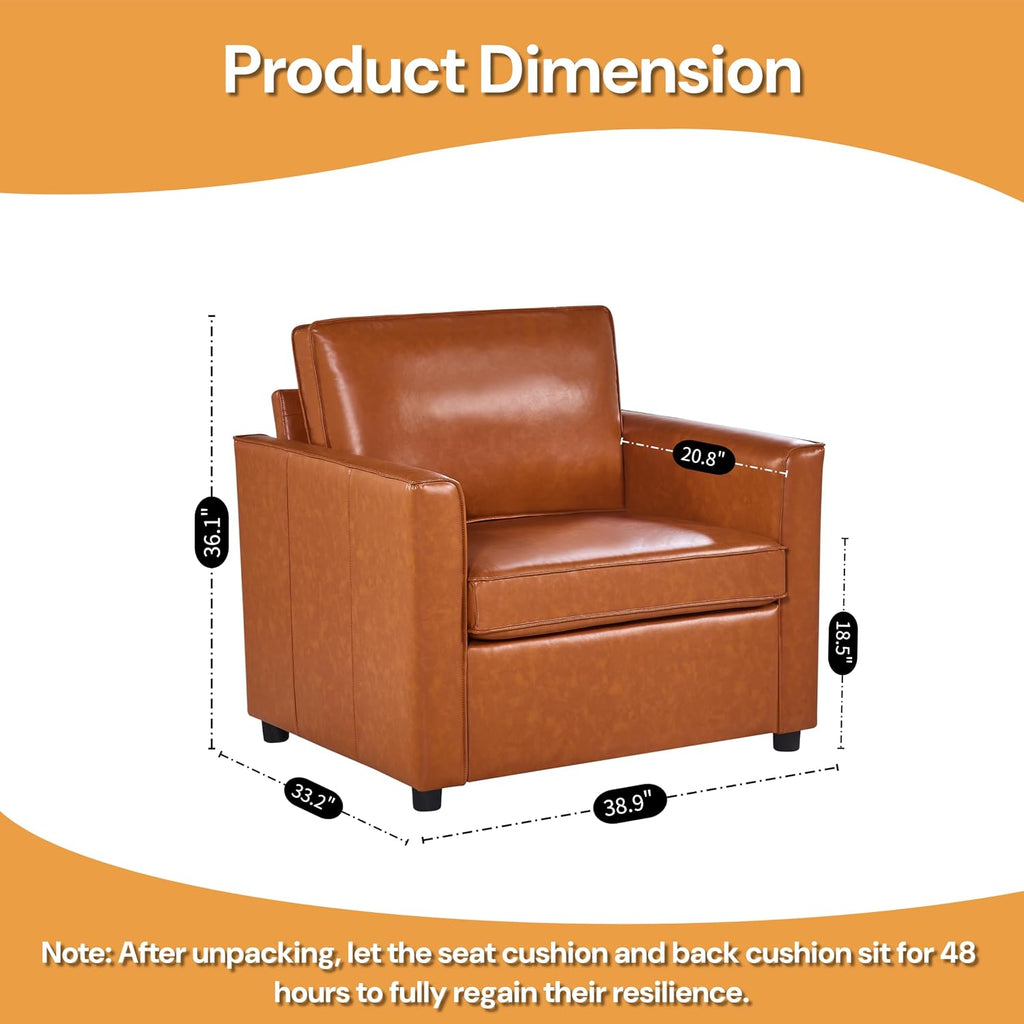 39" Faux Leather Armchair Large Sofa Chair, Caramel