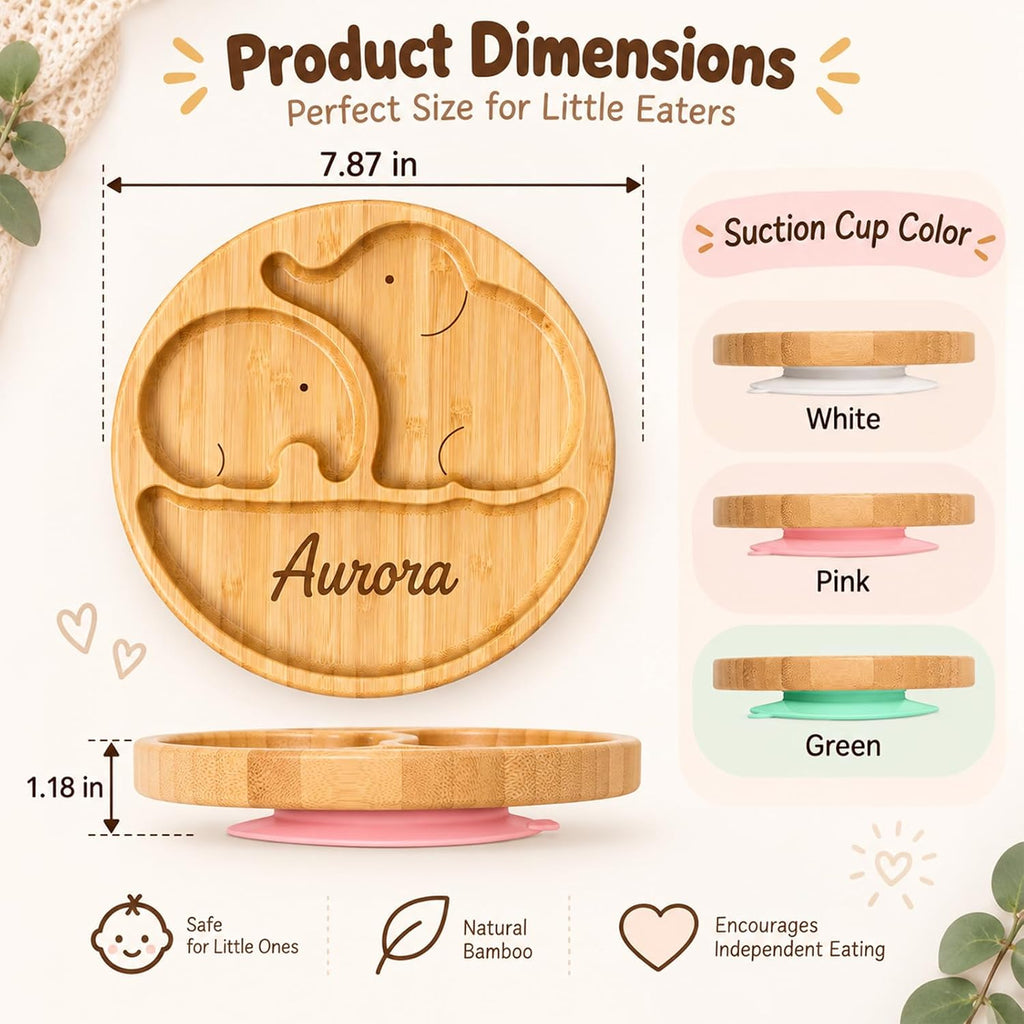 Personalized Bamboo Baby Plate with Suction, Custom Name Toddler Plate Set
