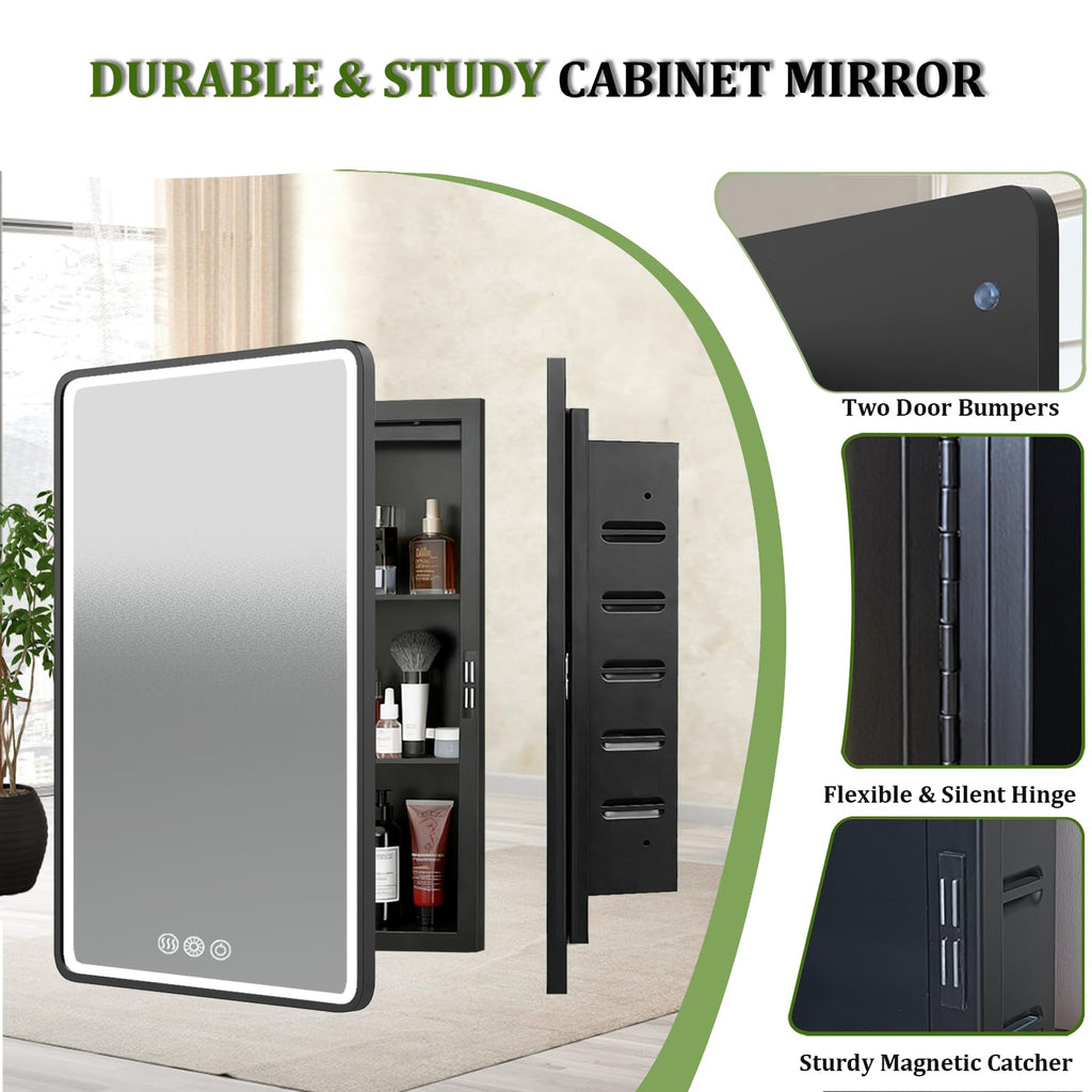 LED Medicine Cabinet Mirror 22x30 Inch, Recessed Medicine Cabinets with Lights, Anti-Fog Bathroom Mirror with