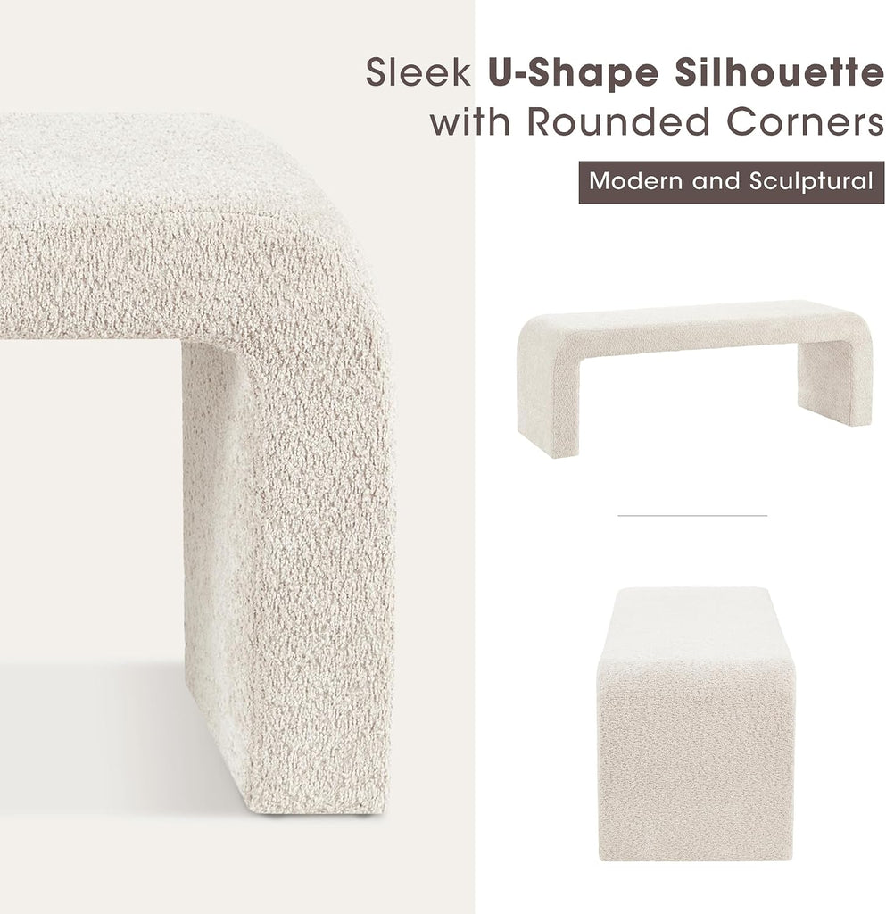 Steve Entryway Accent Bench Padded, Cozy Plush Boucle Upholstered Bench , Modern Curved Corner Compact Bed End Bench