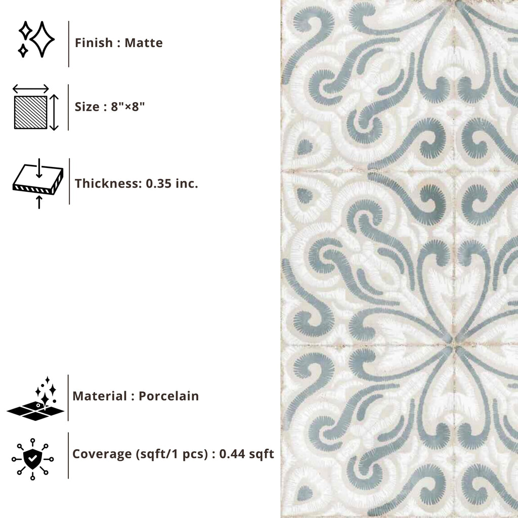 8x8 Encaustic Look Matte Porcelain Tile for Wall & Floor, Decorative Bathroom, Kitchen Backsplash, Shower, Fireplace