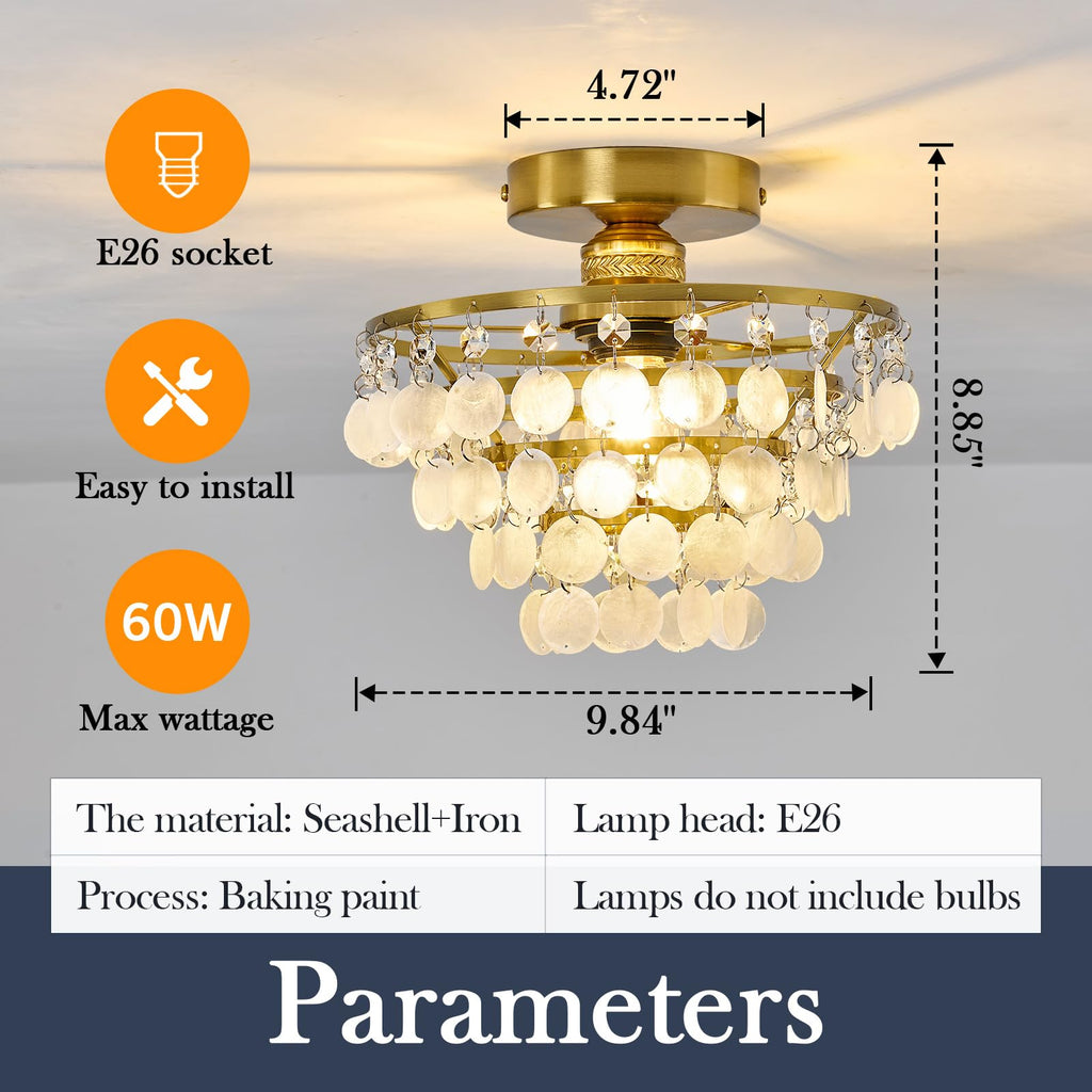 Capiz Shell Ceiling Light, Modern Gold Semi Flush Mount Chandelier with Crystal & Natural Seashell, Small Coastal