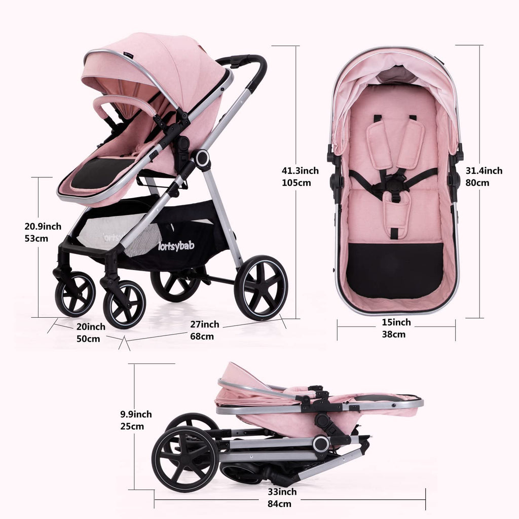 2-in-1 Baby Stroller - Folding Infant Newborn Pram Stroller with Reversible Seat - Toddler Strollers for 0-36 Months