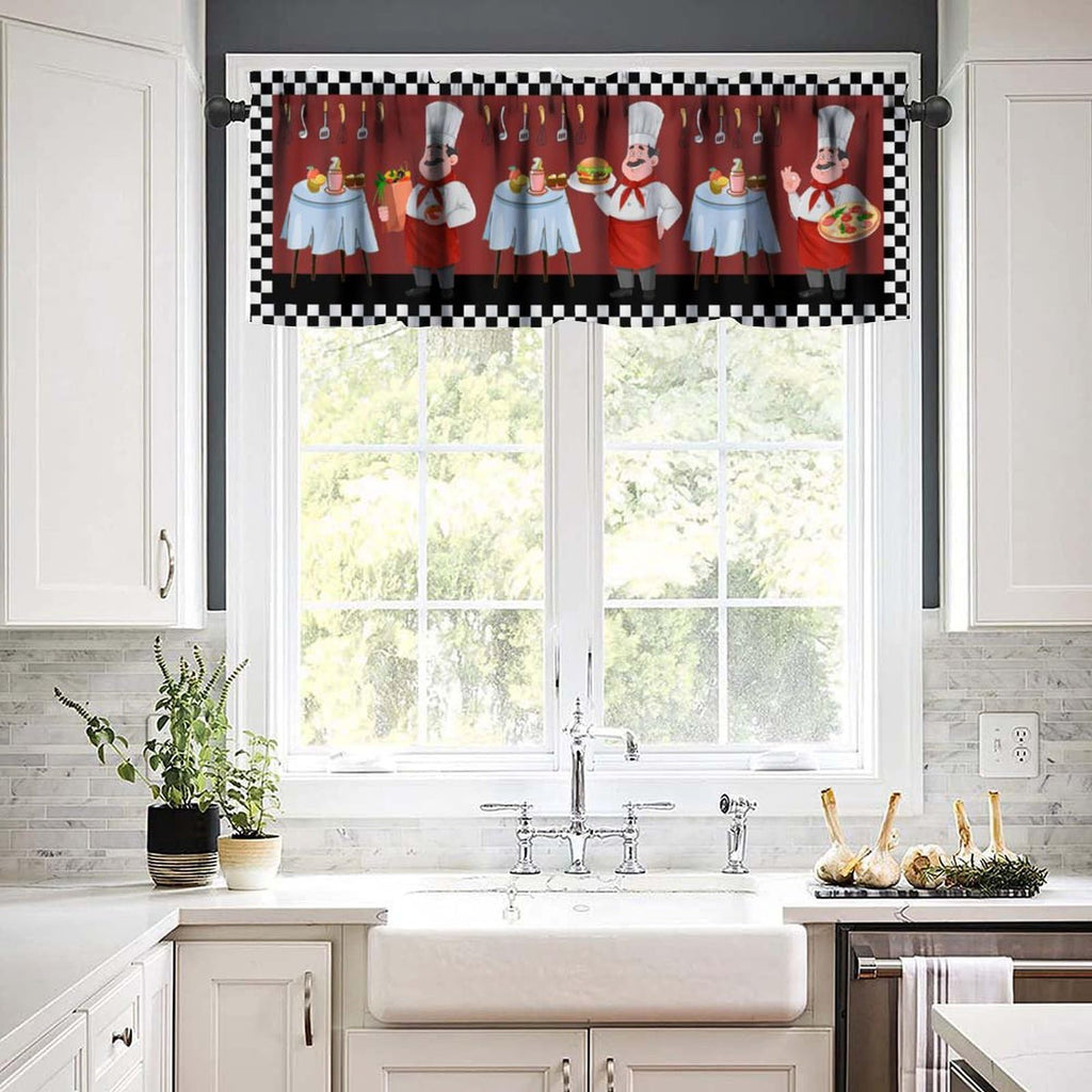 Kitchen Chef Window Valance Curtain, Knife Fork Red Black Check Plaid Tier Curtain Blackout Rod Pocket Curtain