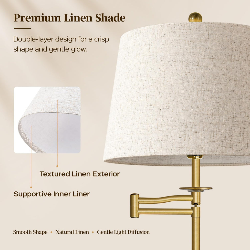 Dimmable Floor Lamp with 350° Swing Arm, 9w Bulb Included, Gold Brass