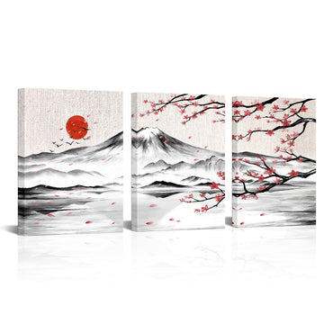 3 Pieces Japanese Cherry Blossom Mount Fuji Canvas Wall Art Black White Pink Floral Wash Painting Wall Decor Bedroom