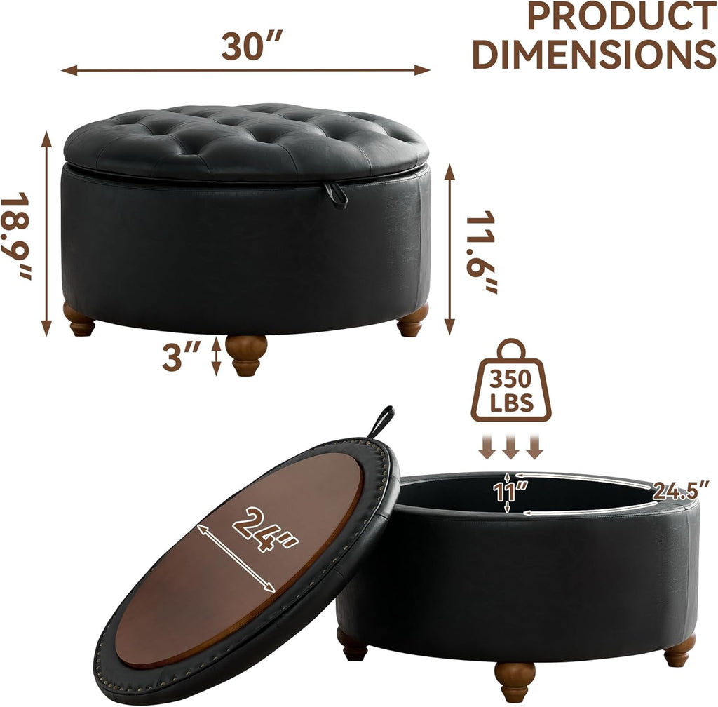 30Inch Round Storage Ottoman with Tray, Modern Tufted Leather Circle Coffee Table with Storage, Upholstered Ottoman