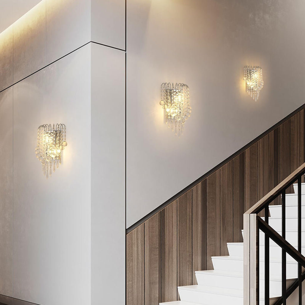 Crystal Wall Sconces, 11.8x7 Inch Chrome Wall Sconce Luxury Crystal Drops Shade Wall Light, E12*2 Socket Modern