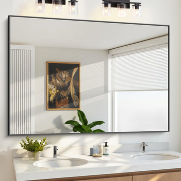 60x40 Inch Large Black Wall Mounted Mirror, Aluminum Framed Decorative Rectangular Bathroom Mirror for Wall Over