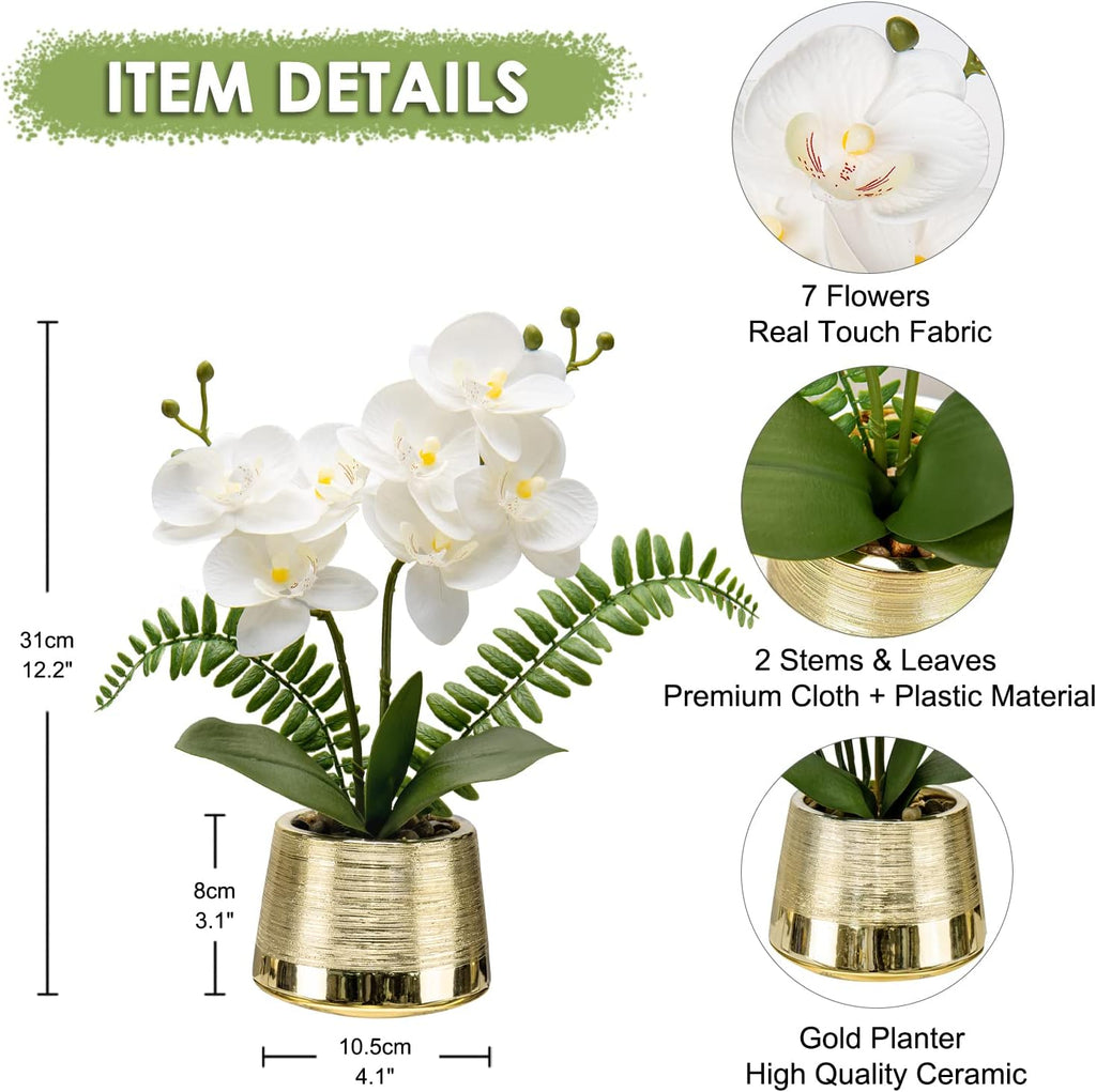 White Orchids Artificial Flowers in Gold Pot Faux Phaleanopsis Orchid Bonsia Fake Orchid Centerpiece - Set of 2