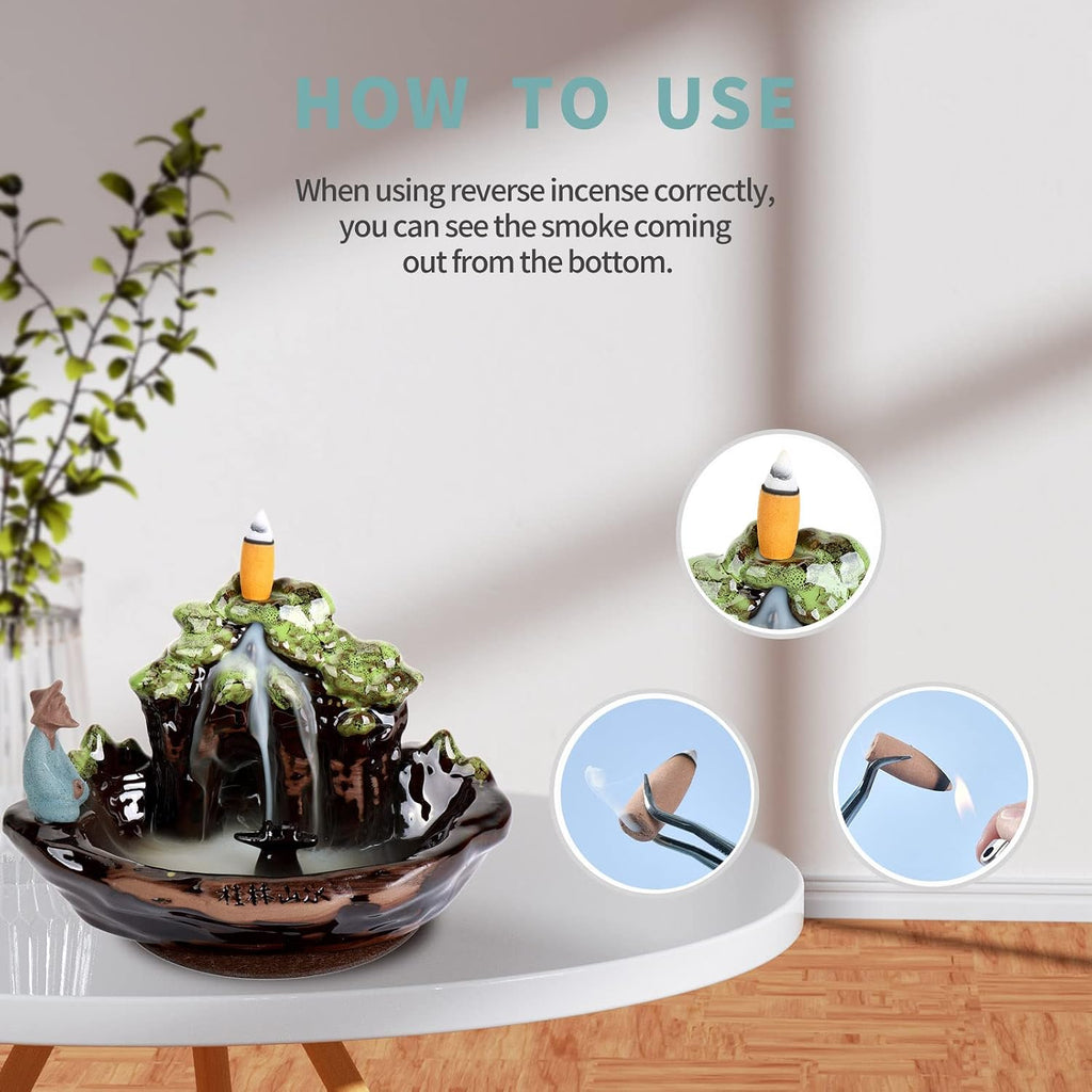 Guilin Landscape Backflow Incense Burner, Handmade Ceramic Waterfall Incense Stick Cone Holder with Incense - Set of 20
