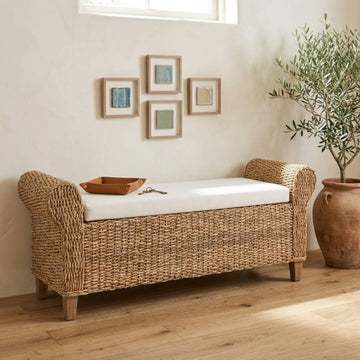 56" Rattan Storage Bench with Rolled Arms, Bohemian Farmhouse End of Bed Upholstered Benches, Interior Divided
