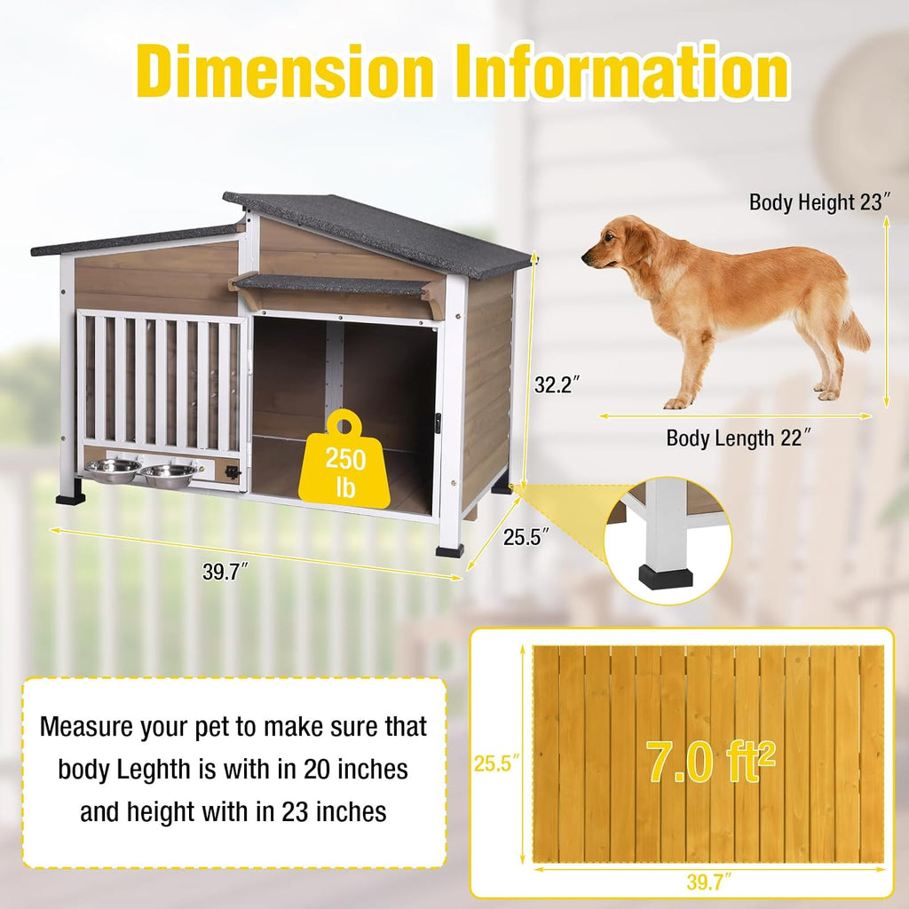 Outside Chew-Resistant Dog House with Metal Frame, Indoor/Outdoor Wooden Dog House with Waterproof Roof and Food
