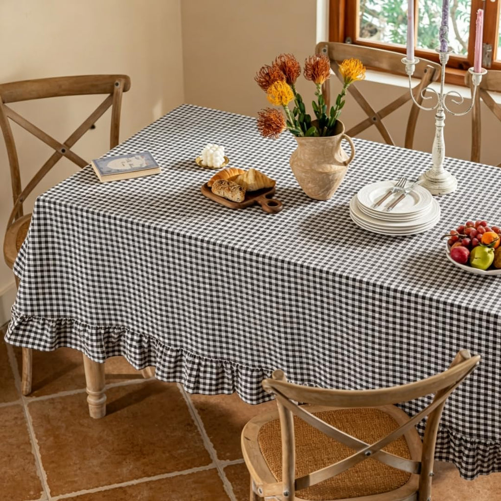 Black White Buffalo Plaid Rectangle Tablecloth with Ruffle Edge, Farmhouse Linen Blend Decorative Table Cover