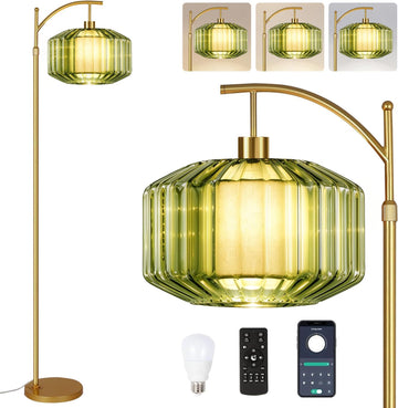 Arc Floor Lamp, Gold Vintage Remote Dimmable Standing Lamps With Green Drum Glass&Fabric Shade, LED Tall Floor Light