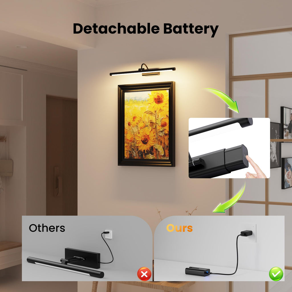 24" Picture Light with 8000mAh Battery - Black Operated Wireless Wall Sconce with Remote & Timer for Large Paintings