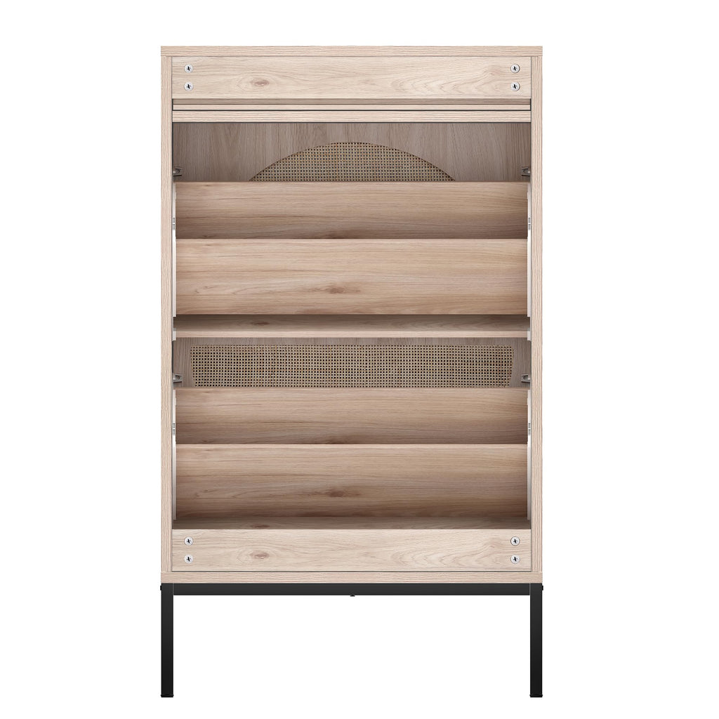 Cabinet With 2 Rattan Curved Pattern Flip Drawers, Freestanding Shoe Storage Organizer Rack With Adjustable Shelf