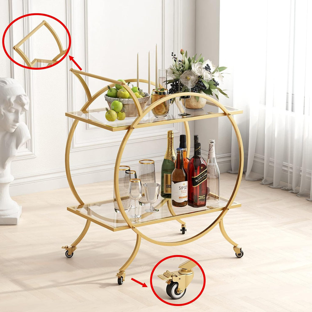 Gold Bar Carts for The Home Bar Serving Cart, Rolling Bar Cart Gold with Lockable Caster Wheels, Glass Bar Carts with