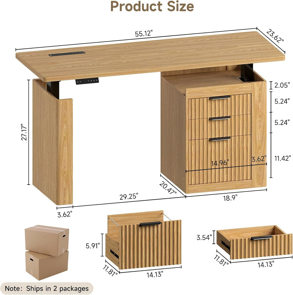 55" Electric Standing Desk with File Cabinet & Storage, Oak Brown | Height Adjustable Computer Desk with 3 Drawers