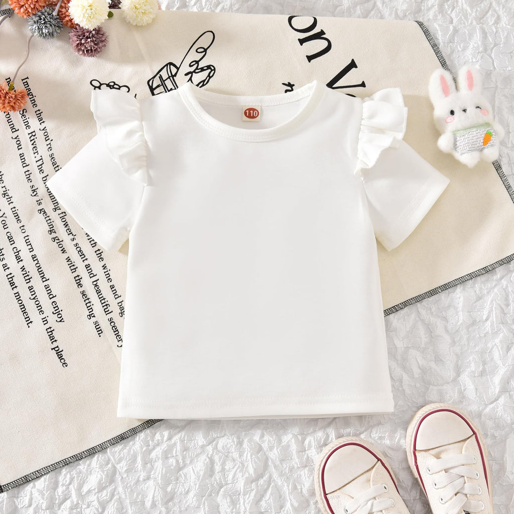 Toddler Little Girl V Neck Corduroy Pinafore Overall Jumper Dress Ruffle Short Sleeve T-Shirt Summer Clothes Set