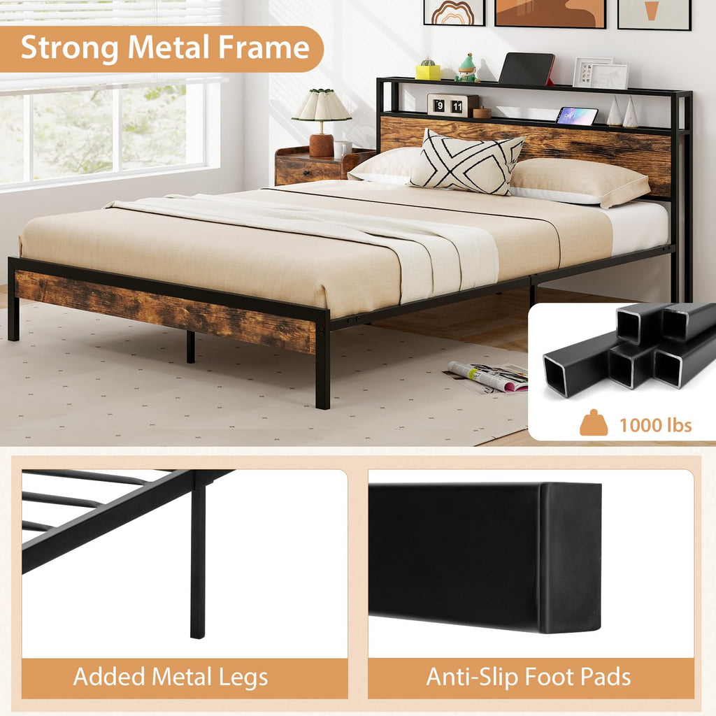Bed Frame with 2-Tier Storage Headboard, Industrial Metal Platform Bed with Charging Station, Heavy Duty Metal