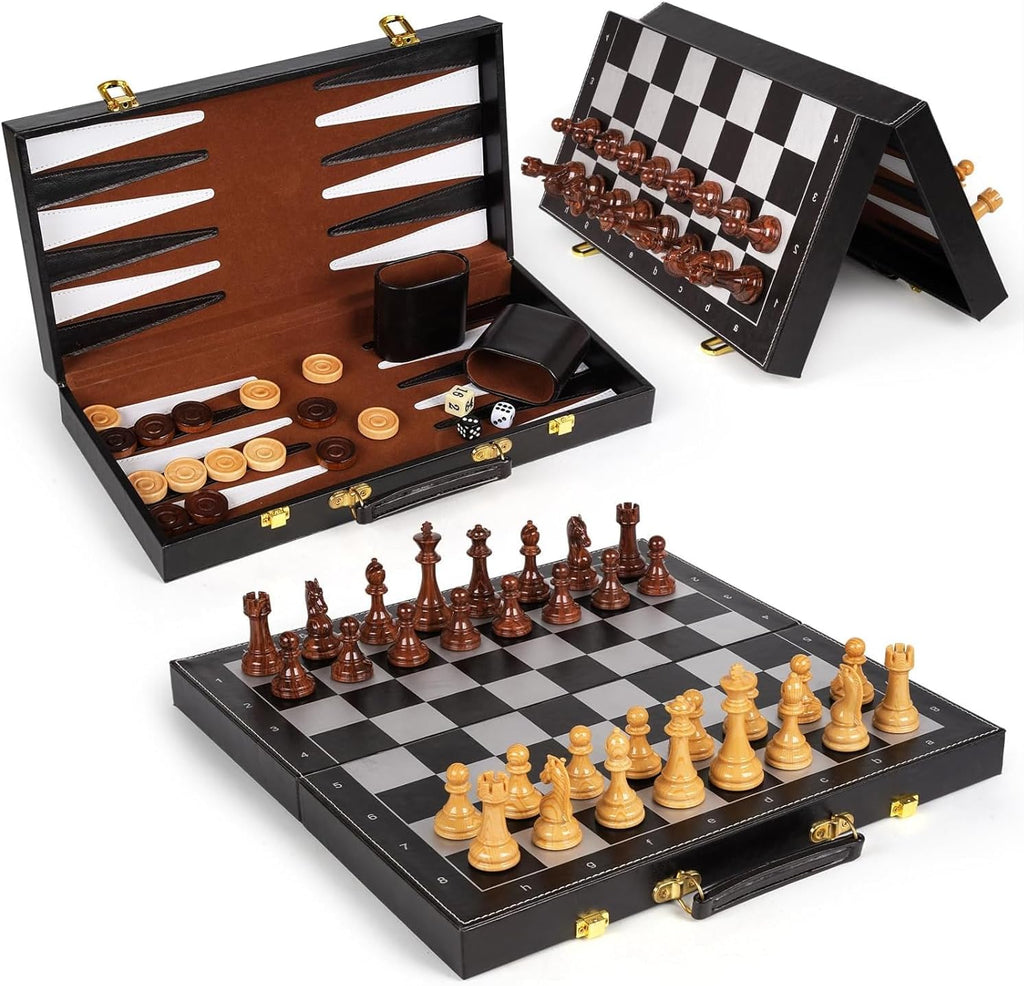 3 in 1 Magnetic Chess Set & Checkers Backgammon Board Game Set, 15" Wooden Folding Chess Board, Tournament Portable