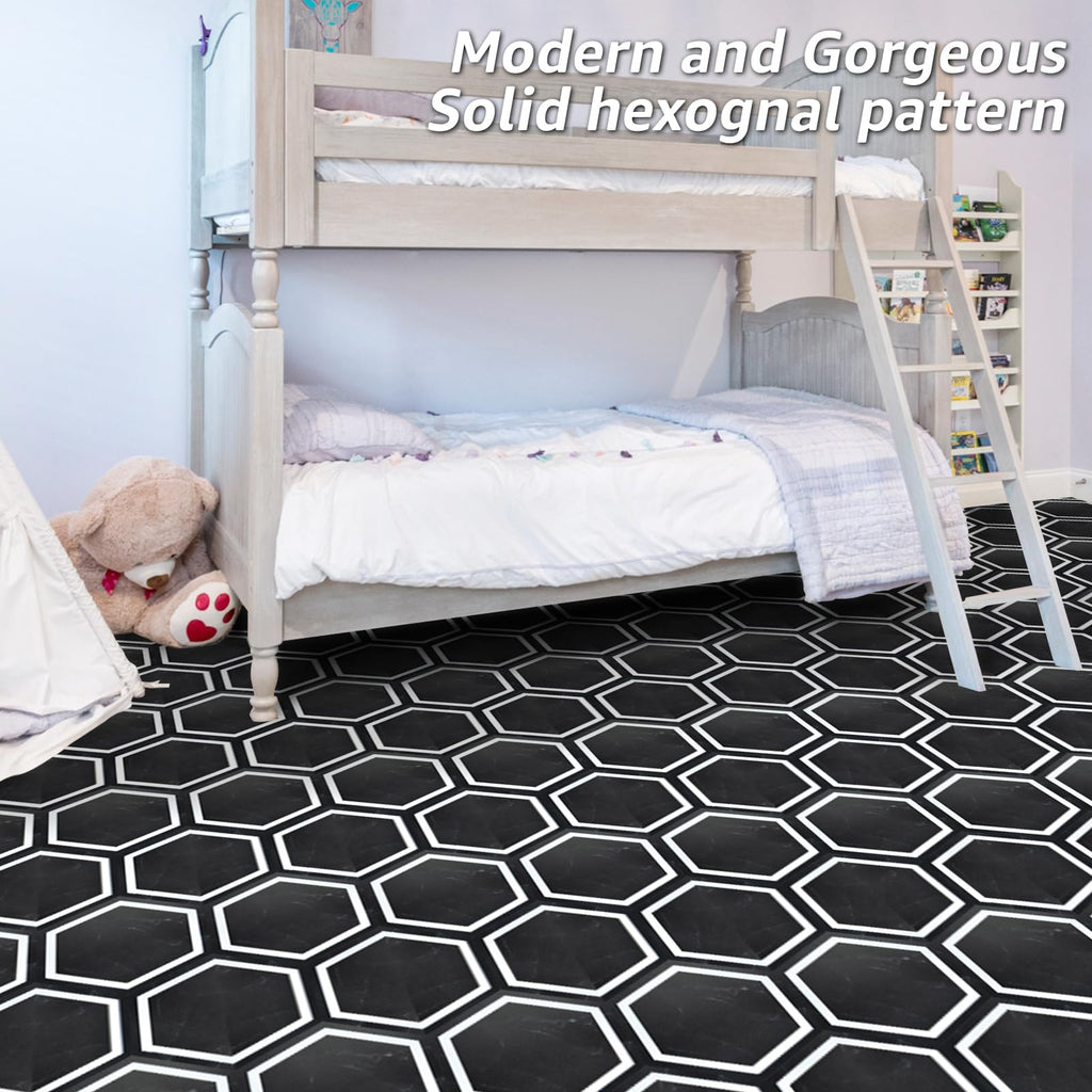 30-Pack Hexagon Peel and Stick Vinyl Floor Tiles, Black Marble