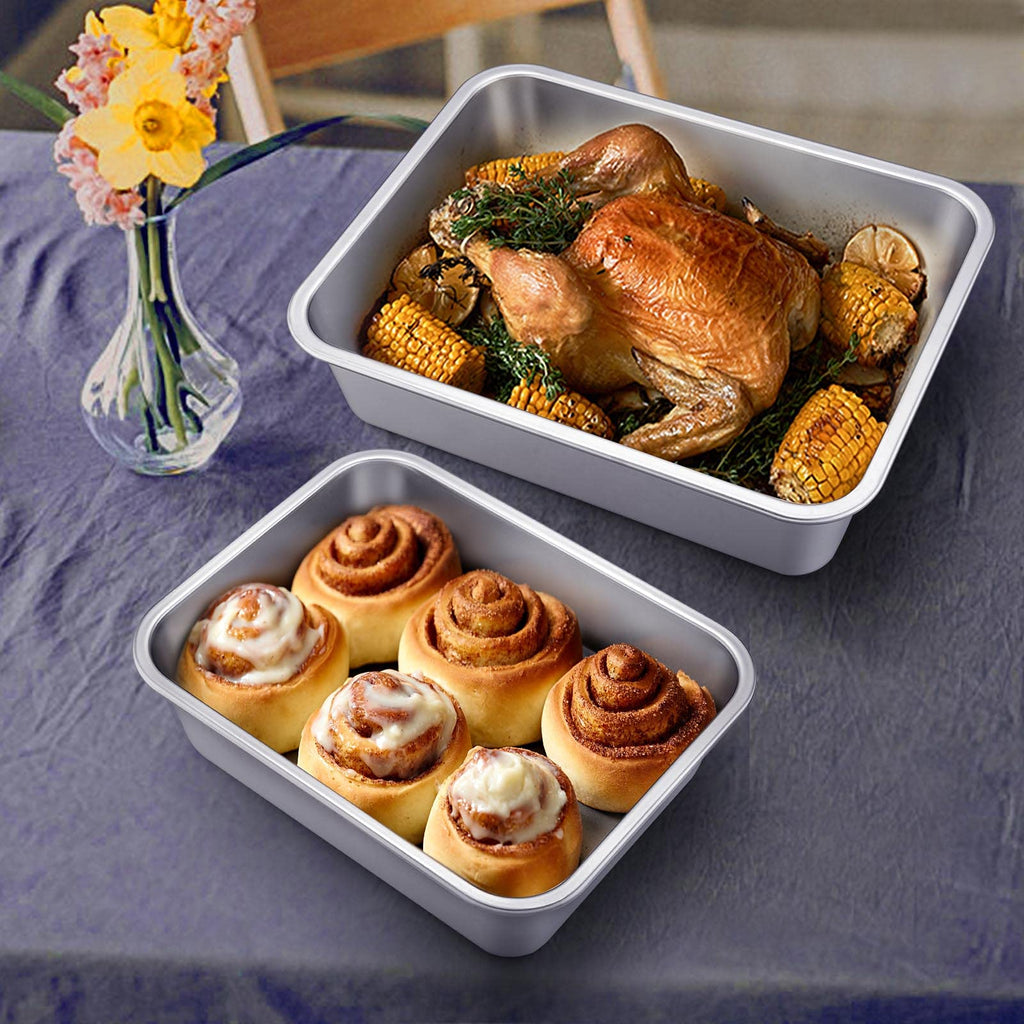 Deep Lasagna Pan Set of 2, Stainless Steel Rectangular Roasting Baking Pans, 12.75 x 10 & 10.6x8.3 Inches Roaster
