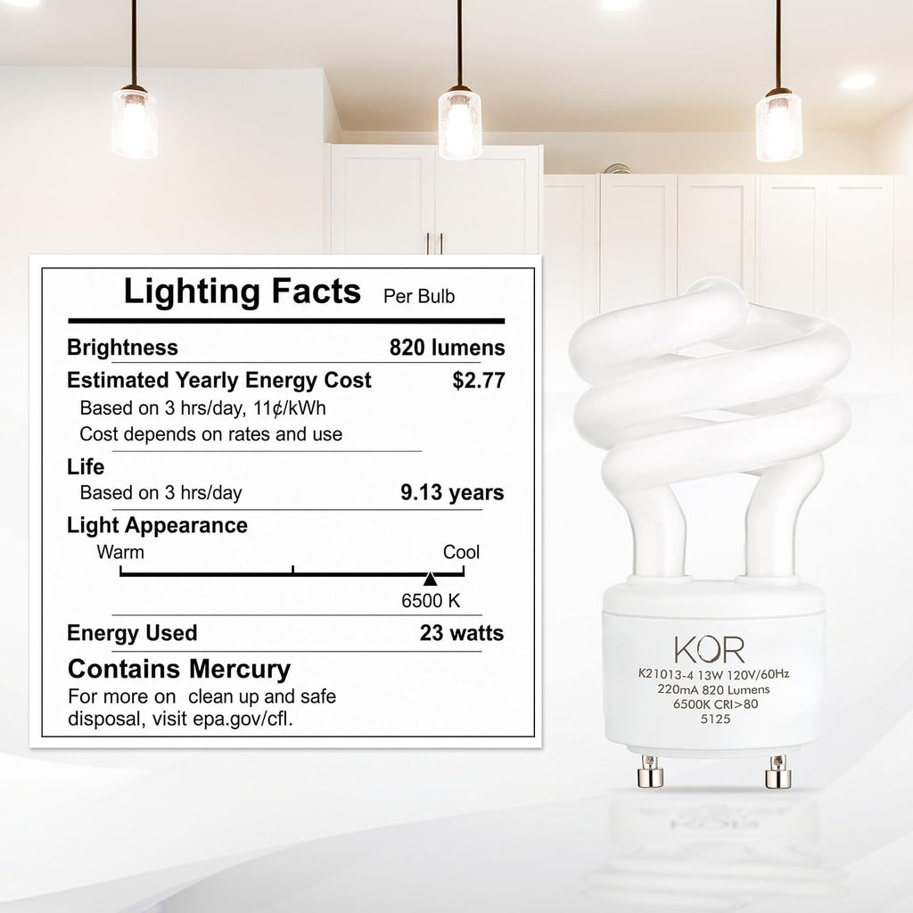 GU24 CFL Light Bulbs, 13W 60W Equivalent, 5000K Bright White, 4-Pack