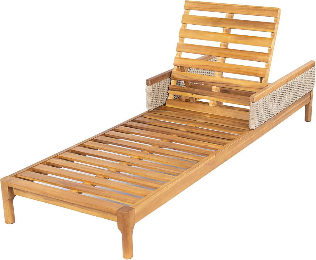 Outdoor Acacia Wood Chaise Lounge Chair Set of 2, Wooden Sunbathing Pool Lounger with Woven Rattan Accents