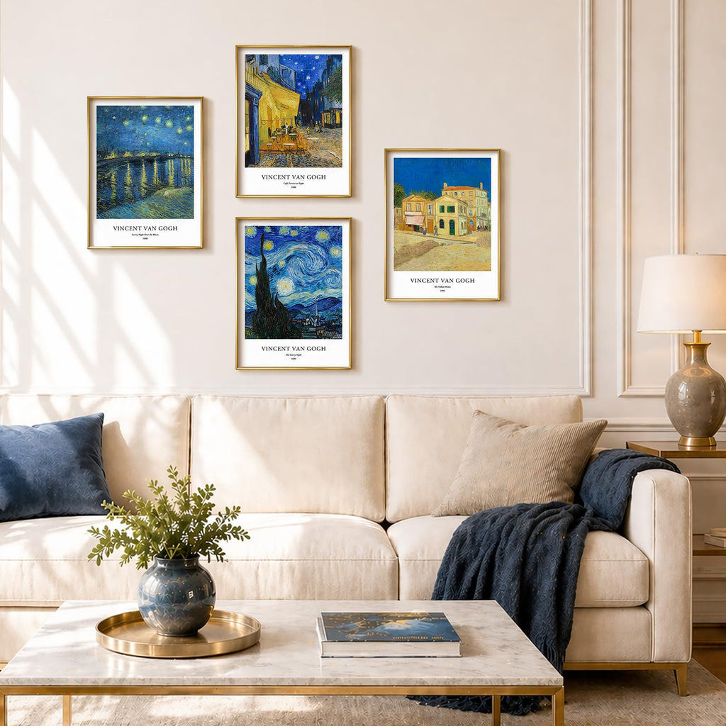 Van Gogh Starry Night Wall Art Set of 4, 12x16 Unframed Giclee Prints, Cafe Terrace at Night, Yellow House, Blue Gold