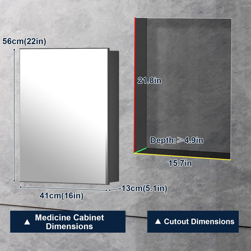 Black Medicine Cabinet, Farmhouse Recessed or Surface Wall Mounted Aluminum, Modern Pre-Assembled Storage Cabinet