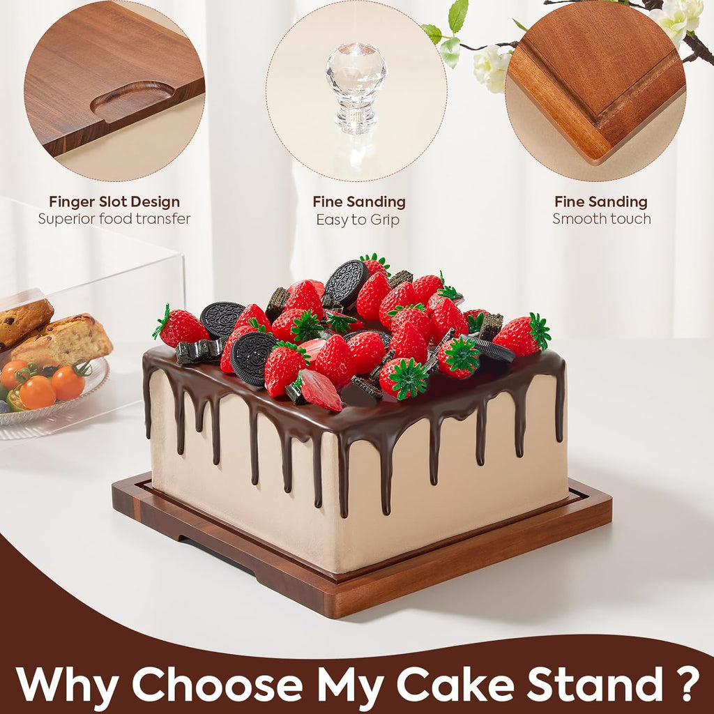 Acacia Wood Cake Stand with Lid,2-in-1 Cake Holder with Dome,Square dome