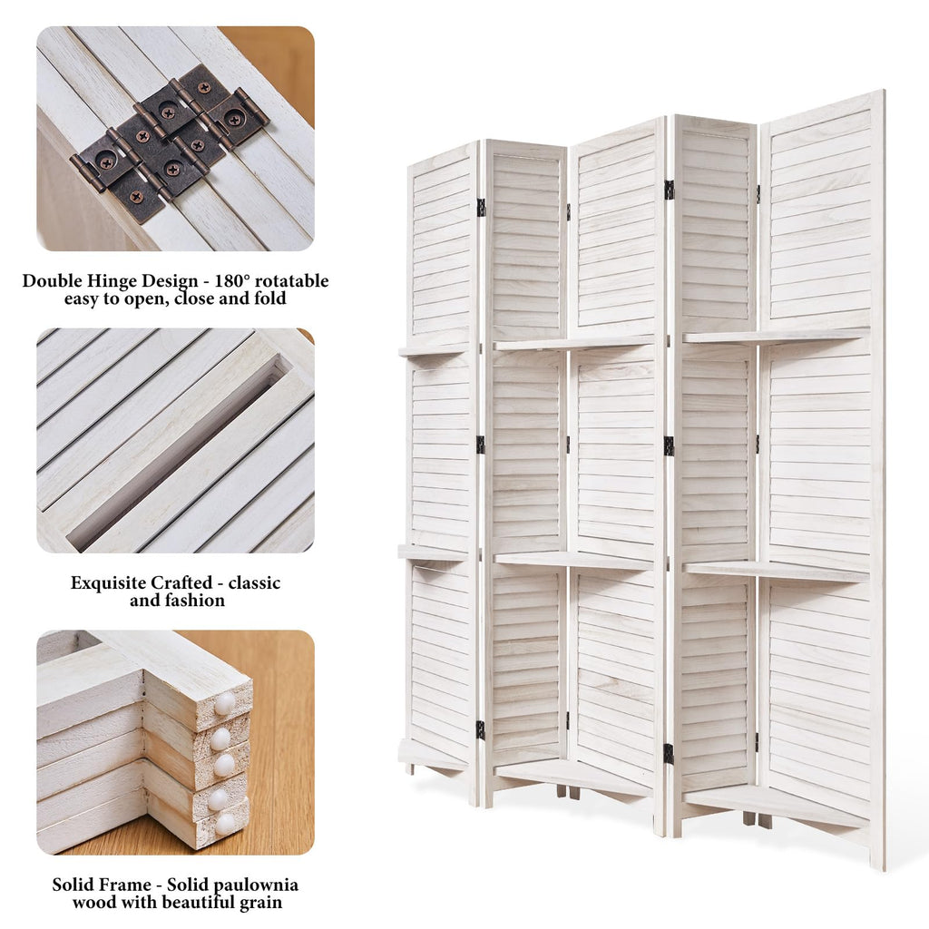 Partition Room Dividers, Folding Wood Privacy Screen with Three Display Shelves Suitable, Study, Art Display - 5