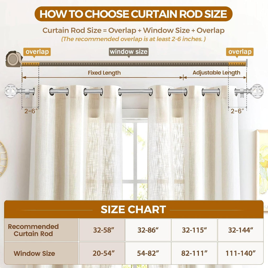 1 Inch Curtain Rod for Windows 32 to 58 Inch(2.6 to 4.8 ft), Silver Telescoping Decorative Drapery Rods with Acrylic