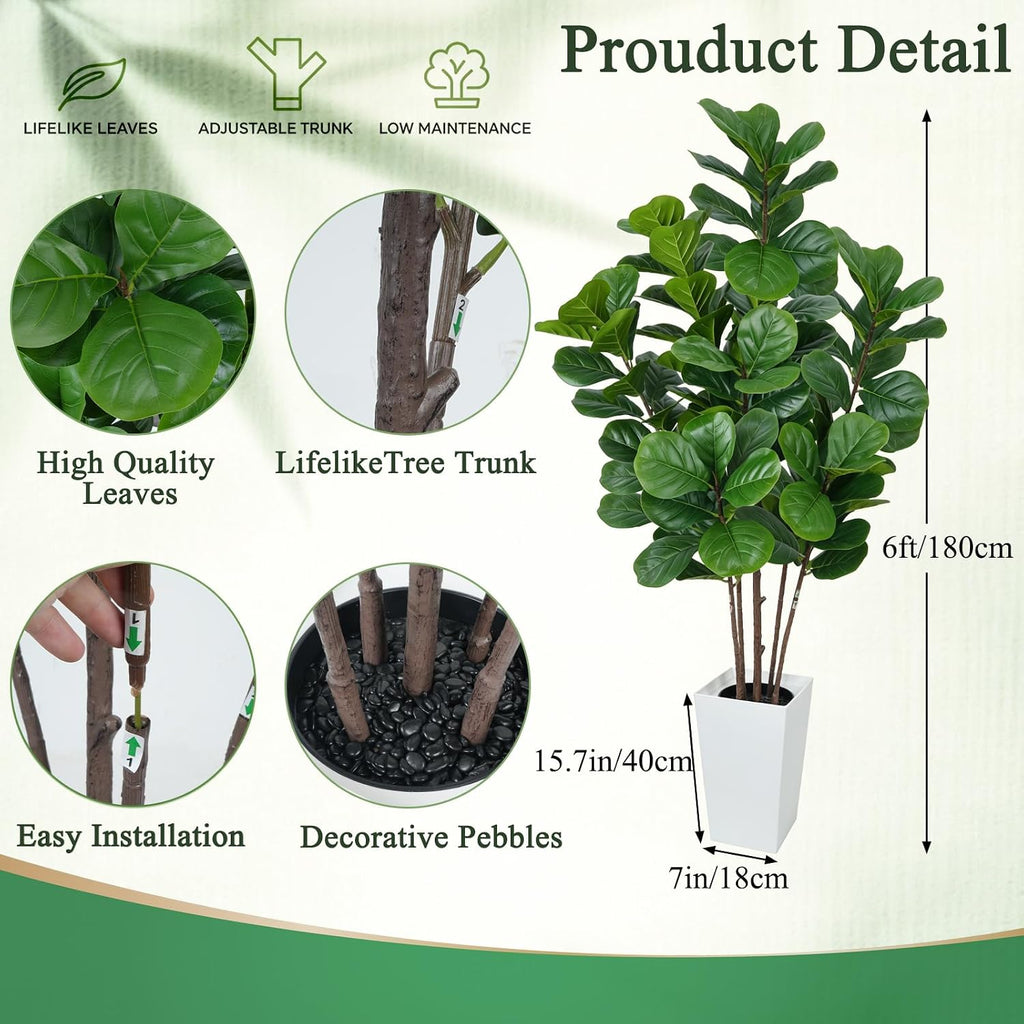 6FT Artificial Fiddle Leaf Fig Tree Tall Fake Green Plants Indoor
